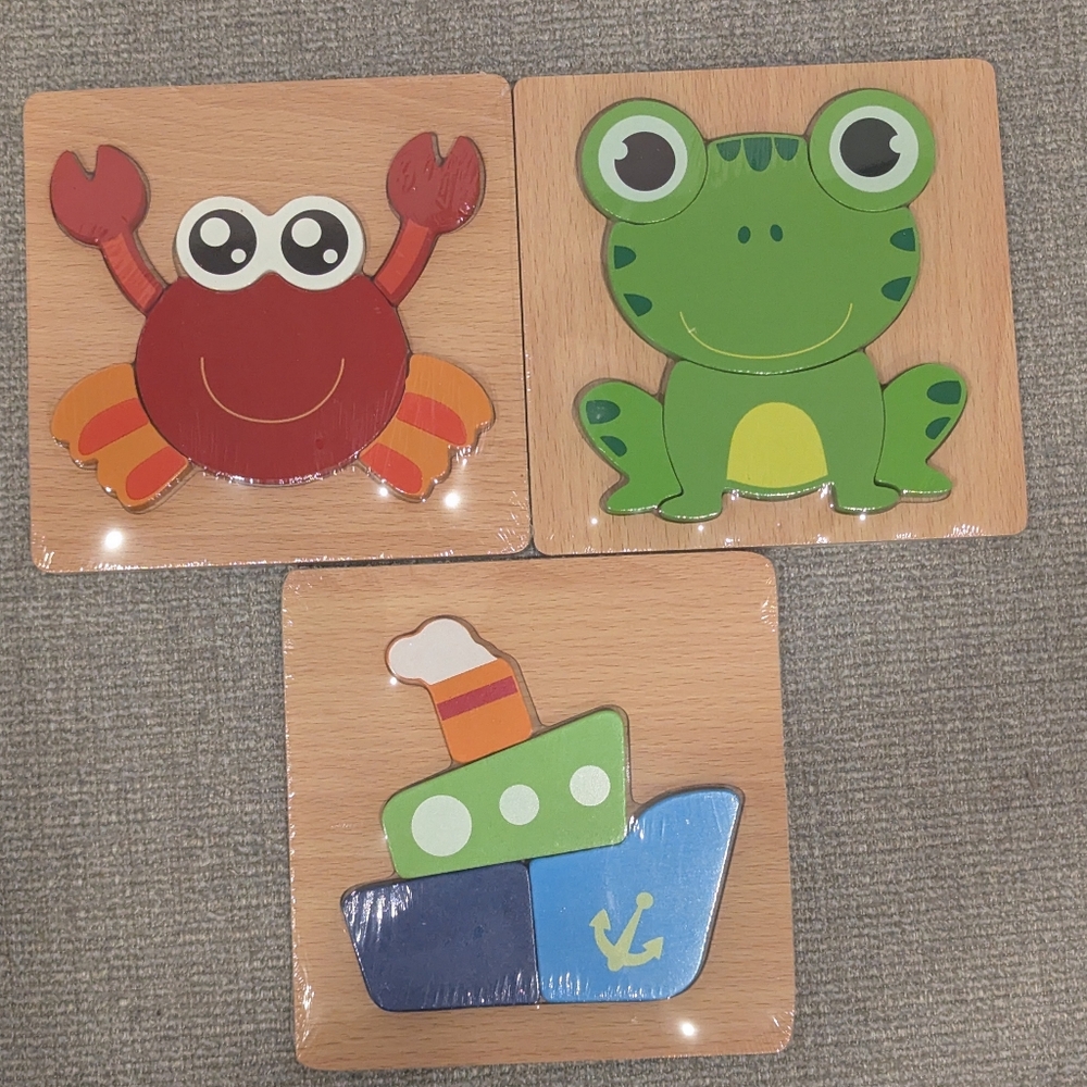 Wooden Puzzle for Toddlers / Kids - set of 3 - Crab, Frog and Ship New Sealed